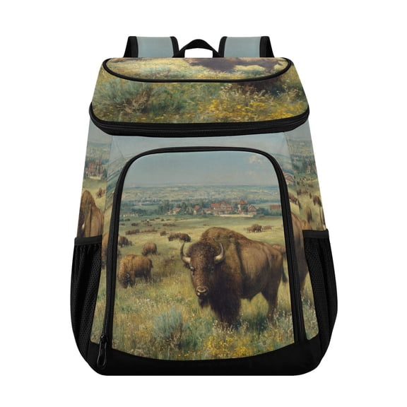 Backpack Cooler lunch bag 36 Can Capacity Insulated Bag for Camping, Beach, Hiking & Travel Buffalo Herd Oil Painting