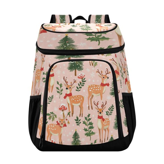 Backpack Cooler lunch bag 36 Can Capacity Insulated Bag for Camping, Beach, Hiking & Travel Christmas Deer and Holly Leaves