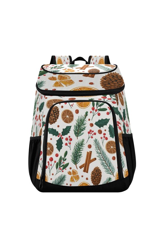 Backpack Cooler lunch bag 36 Can Capacity Insulated Bag for Camping, Beach, Hiking & Travel Christmas Spices and Holly Leaves