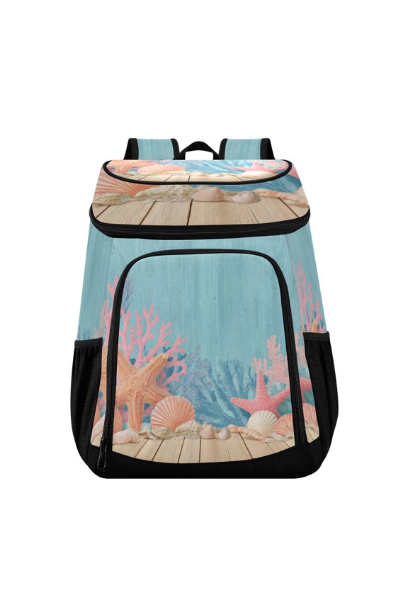 Backpack Cooler lunch bag 36 Can Capacity Insulated Bag for Camping, Beach, Hiking & Travel Colorful Starfish and Seashells