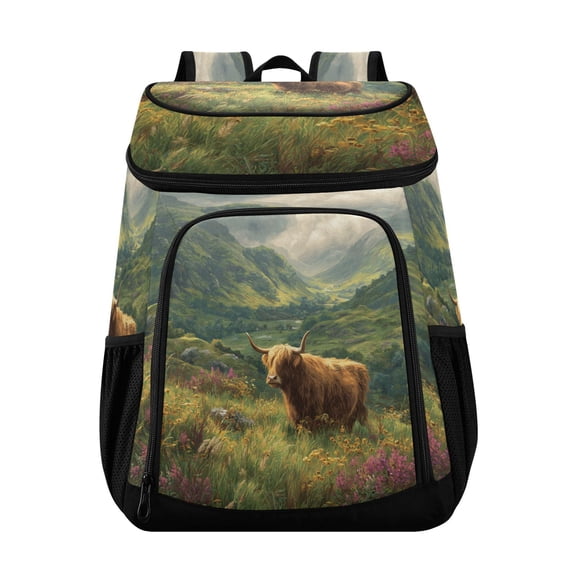 Backpack Cooler lunch bag 36 Can Capacity Insulated Bag for Camping, Beach, Hiking & Travel Cow in Green Rolling Hills