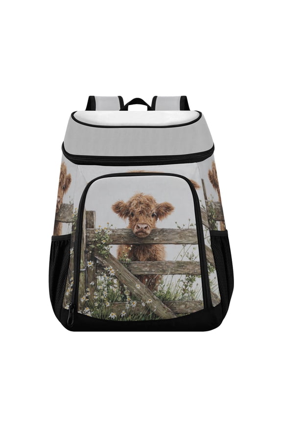 Backpack Cooler lunch bag 36 Can Capacity Insulated Bag for Camping, Beach, Hiking & Travel Cute Highland Cow Peeking