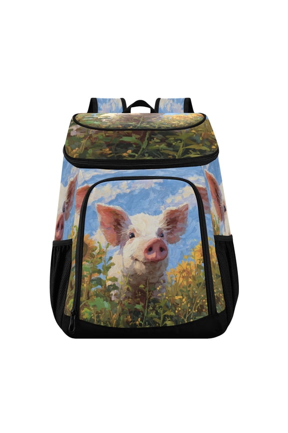 Backpack Cooler lunch bag 36 Can Capacity Insulated Bag for Camping, Beach, Hiking & Travel Cute Pig with Sunflower Field