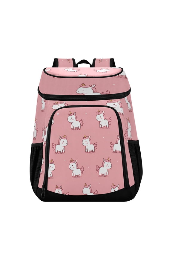 Backpack Cooler lunch bag 36 Can Capacity Insulated Bag for Camping, Beach, Hiking & Travel Cute Unicorns with Pink Background