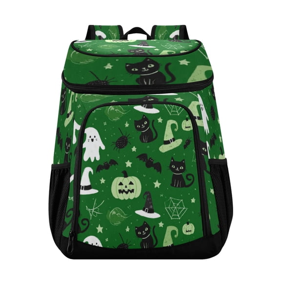 Backpack Cooler lunch bag 36 Can Capacity Insulated Bag for Camping, Beach, Hiking & Travel Green Halloween-themed Pattern