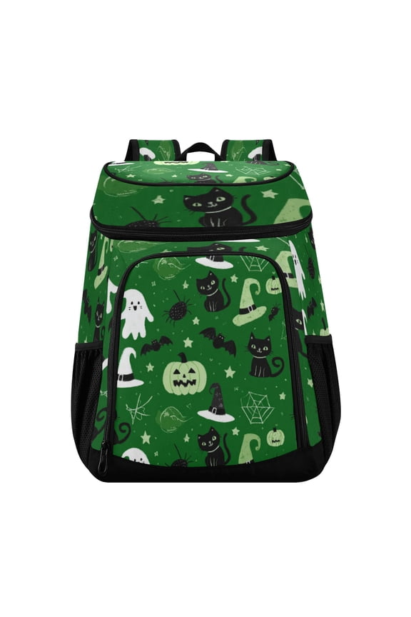 Backpack Cooler lunch bag 36 Can Capacity Insulated Bag for Camping, Beach, Hiking & Travel Green Halloween-themed Pattern