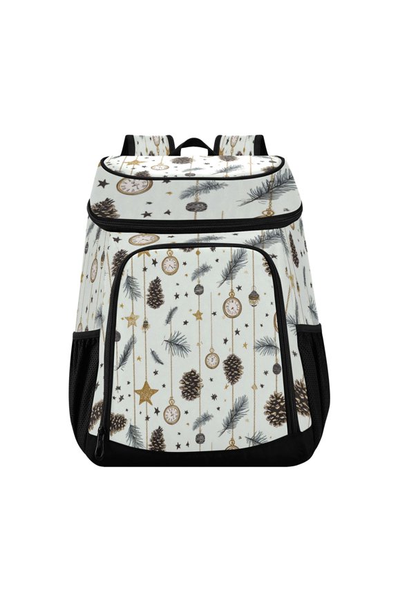 Backpack Cooler lunch bag 36 Can Capacity Insulated Bag for Camping, Beach, Hiking & Travel Hanging Clocks and Pine Cones