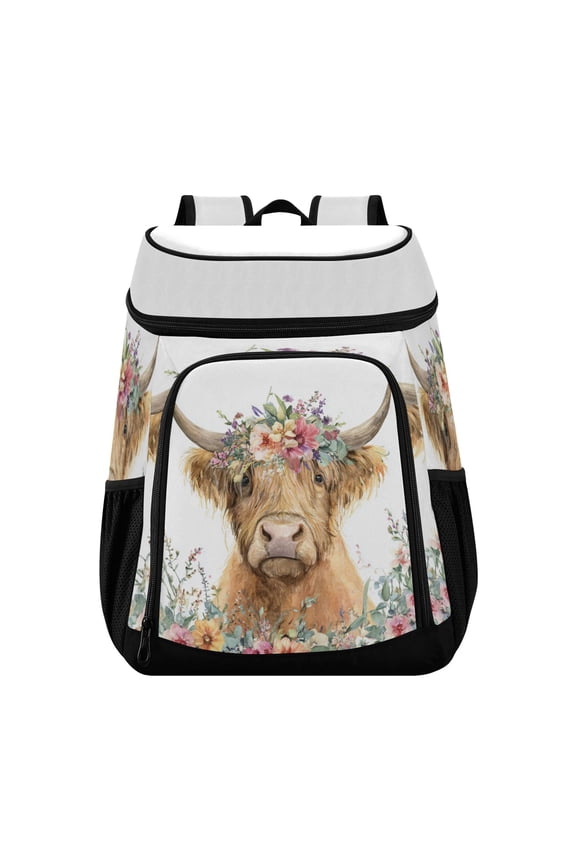 Backpack Cooler lunch bag 36 Can Capacity Insulated Bag for Camping, Beach, Hiking & Travel Highland Cow with Flowers