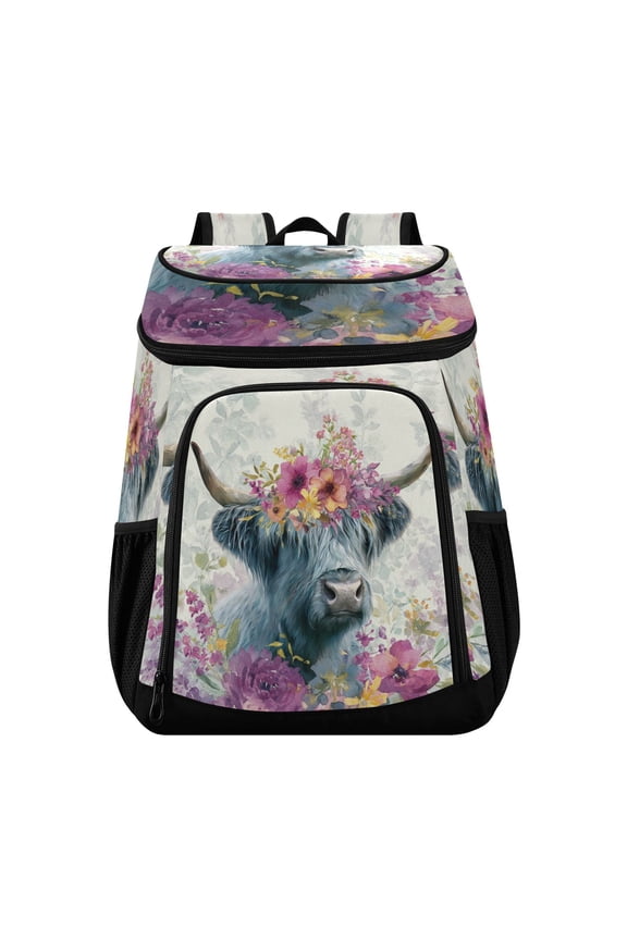 Backpack Cooler lunch bag 36 Can Capacity Insulated Bag for Camping, Beach, Hiking & Travel Highland Cow with Wildflowers