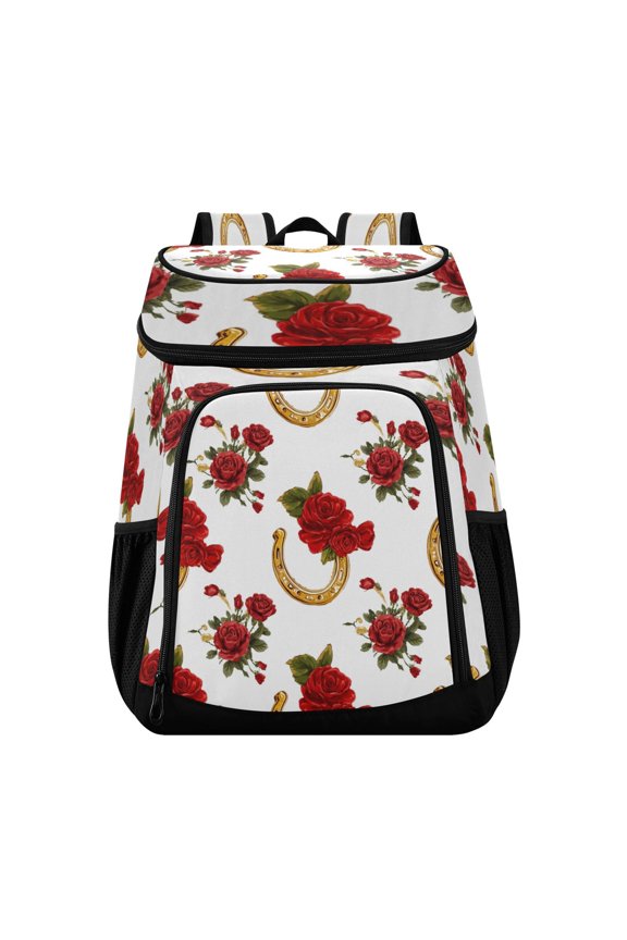 Backpack Cooler lunch bag 36 Can Capacity Insulated Bag for Camping, Beach, Hiking & Travel Horseshoe Pattern with Red Roses