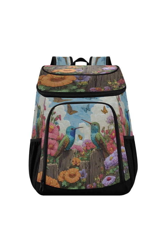 Backpack Cooler lunch bag 36 Can Capacity Insulated Bag for Camping, Beach, Hiking & Travel Hummingbirds and Flowers