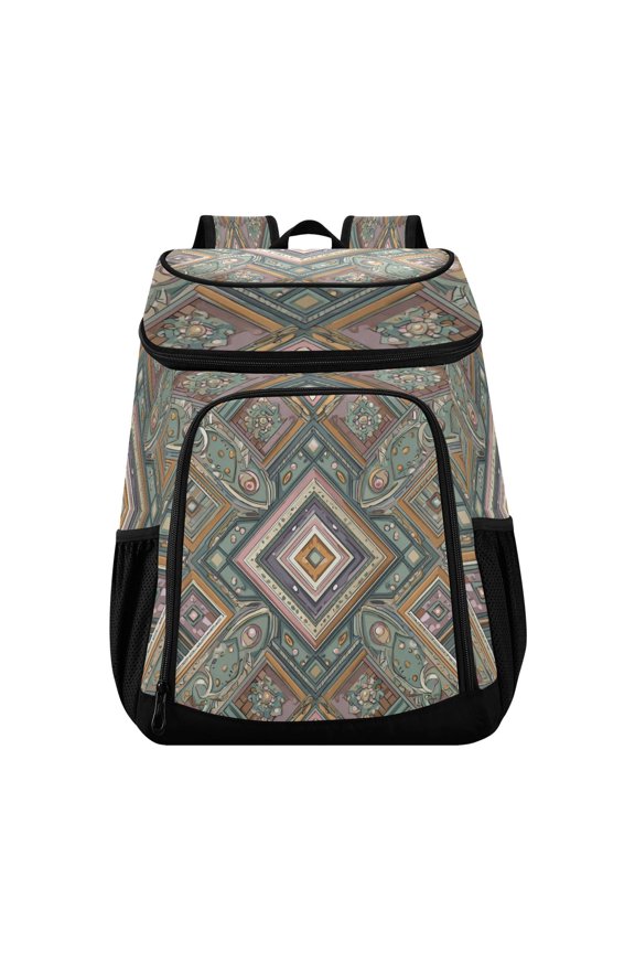Backpack Cooler lunch bag 36 Can Capacity Insulated Bag for Camping, Beach, Hiking & Travel Intricate Brown Batik Pattern