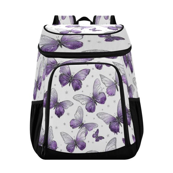 Backpack Cooler lunch bag 36 Can Capacity Insulated Bag for Camping, Beach, Hiking & Travel Lavender-colored Butterfly Pattern