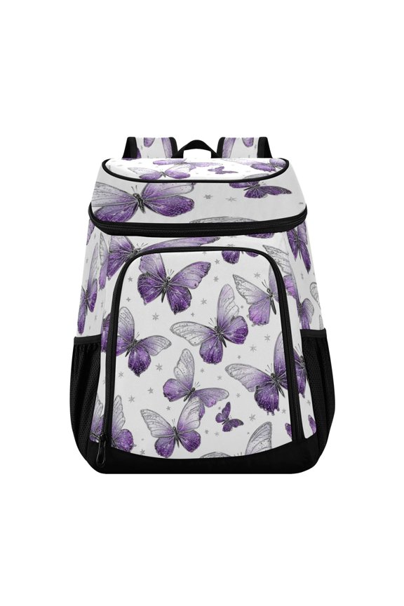 Backpack Cooler lunch bag 36 Can Capacity Insulated Bag for Camping, Beach, Hiking & Travel Lavender-colored Butterfly Pattern