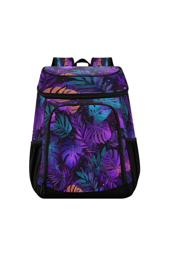 Backpack Cooler lunch bag 36 Can Capacity Insulated Bag for Camping, Beach, Hiking & Travel Neon Palm Leaves Pattern