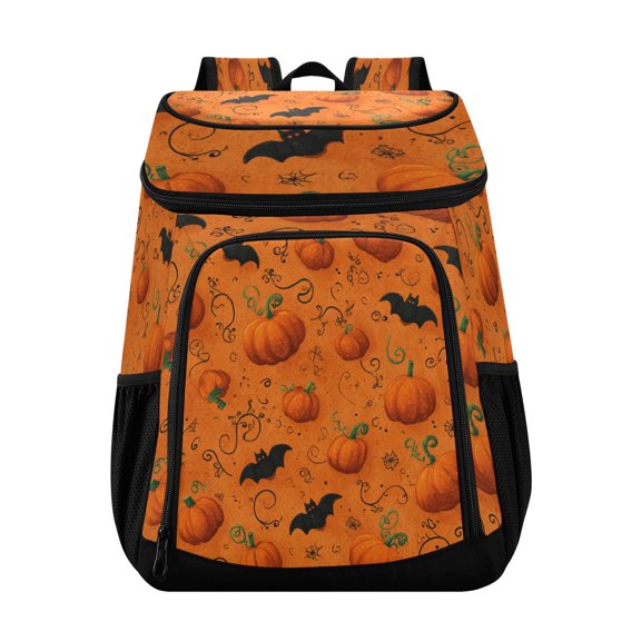 Backpack Cooler lunch bag 36 Can Capacity Insulated Bag for Camping, Beach, Hiking & Travel Orange Pumpkins and Bats