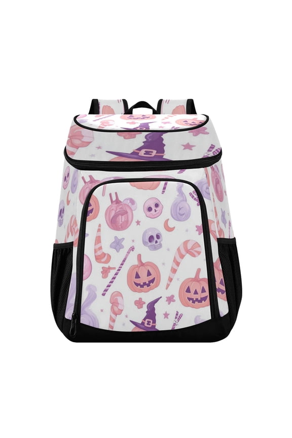 Backpack Cooler lunch bag 36 Can Capacity Insulated Bag for Camping, Beach, Hiking & Travel Pastel Pink Halloween Icons
