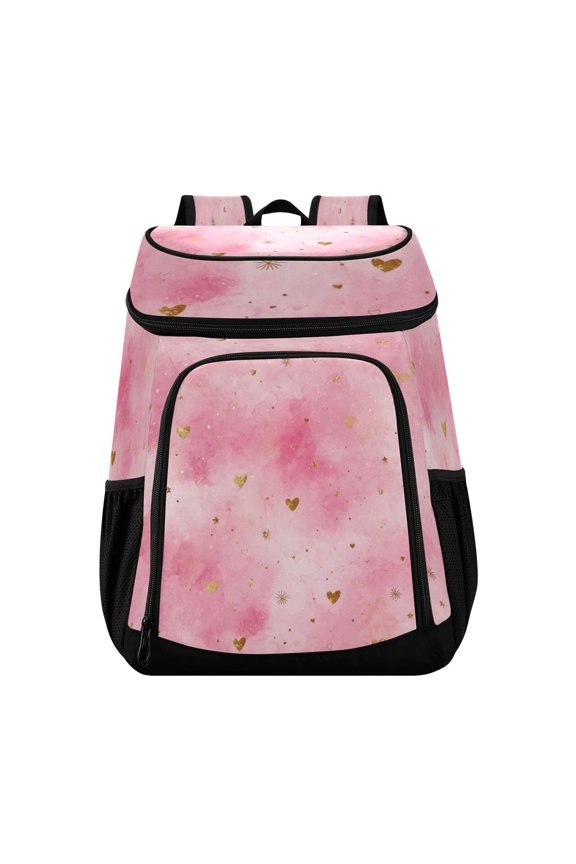 Backpack Cooler lunch bag 36 Can Capacity Insulated Bag for Camping, Beach, Hiking & Travel Pink Background with Hearts
