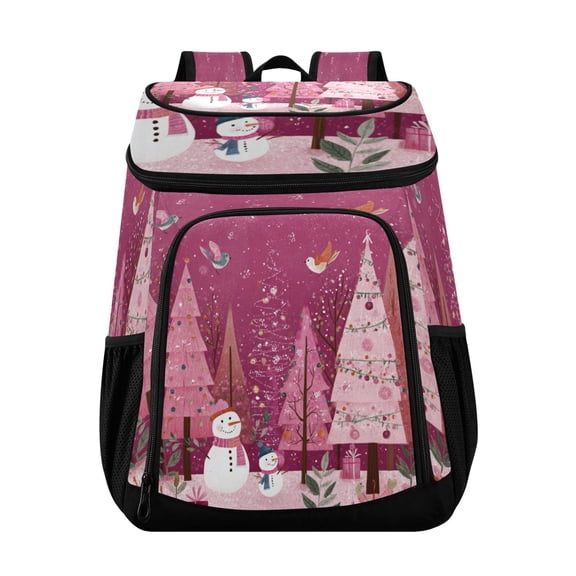 Backpack Cooler lunch bag 36 Can Capacity Insulated Bag for Camping, Beach, Hiking & Travel Pink Christmas Forest