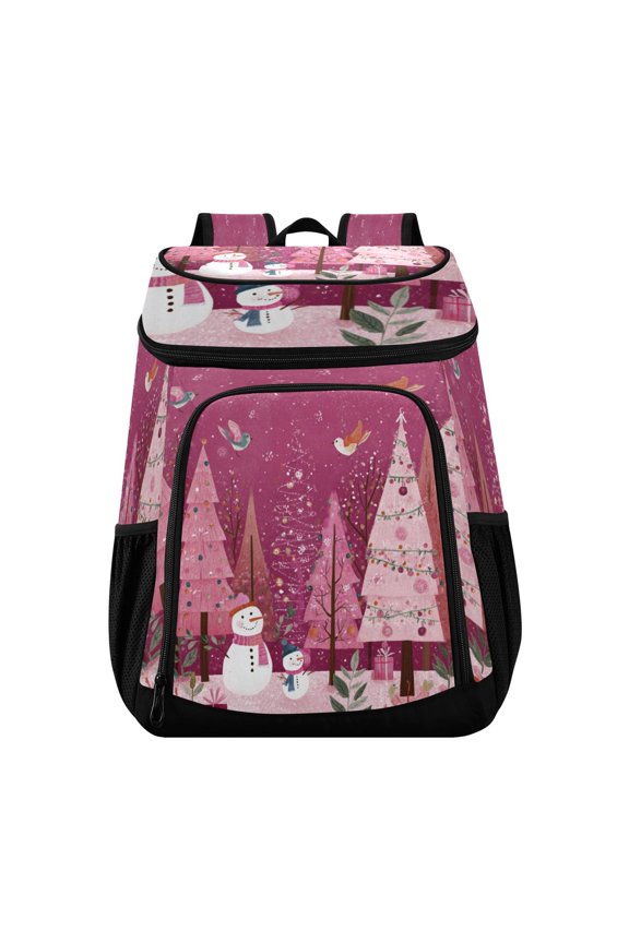 Backpack Cooler lunch bag 36 Can Capacity Insulated Bag for Camping, Beach, Hiking & Travel Pink Christmas Forest
