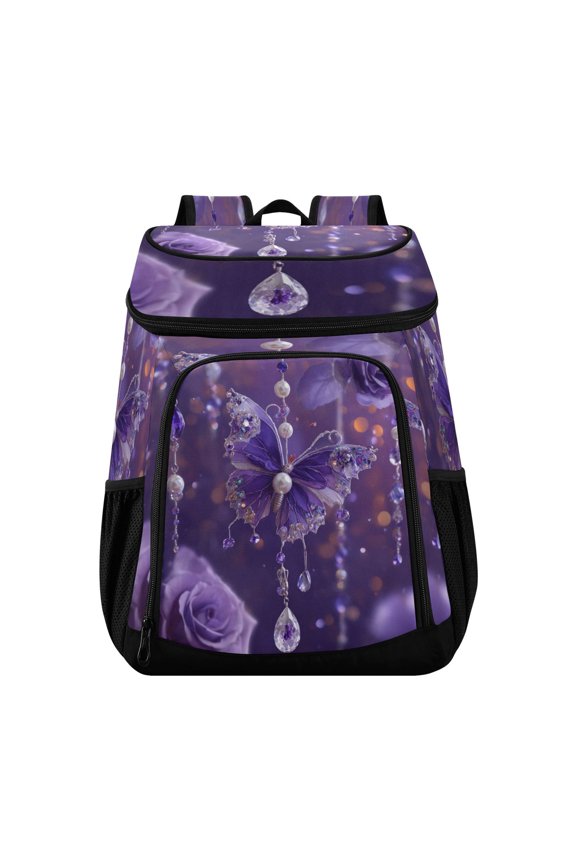 Backpack Cooler lunch bag 36 Can Capacity Insulated Bag for Camping, Beach, Hiking & Travel Purple Butterfly Pattern