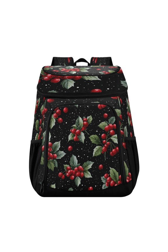 Backpack Cooler lunch bag 36 Can Capacity Insulated Bag for Camping, Beach, Hiking & Travel Red Holly Berries Pattern