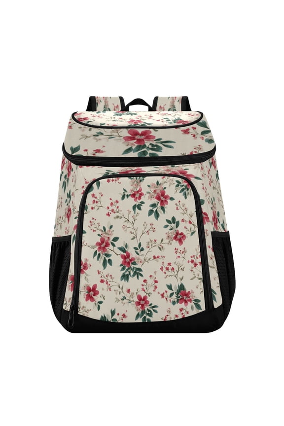 Backpack Cooler lunch bag 36 Can Capacity Insulated Bag for Camping, Beach, Hiking & Travel Red Small Floral Pattern