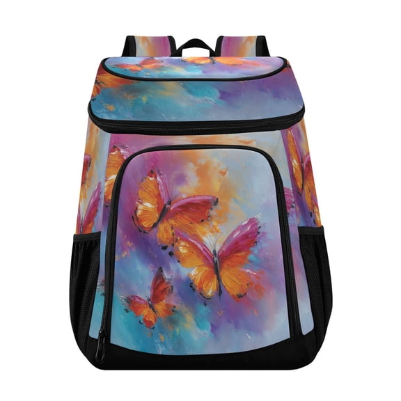 Backpack Cooler lunch bag 36 Can Capacity Insulated Bag for Camping, Beach, Hiking & Travel Red and Orange Butterflies