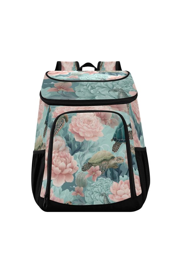Backpack Cooler lunch bag 36 Can Capacity Insulated Bag for Camping, Beach, Hiking & Travel Turtles with Pink Flowers