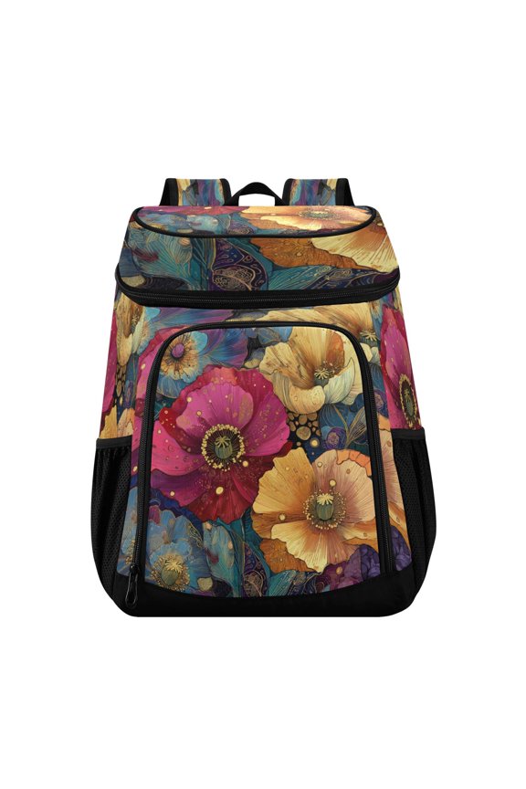 Backpack Cooler lunch bag 36 Can Capacity Insulated Bag for Camping, Beach, Hiking & Travel Vibrant and Intricate Flowers