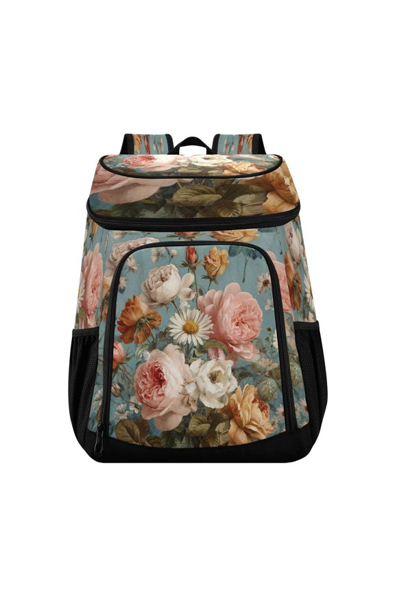 Backpack Cooler lunch bag 36 Can Capacity Insulated Bag for Camping, Beach, Hiking & Travel Vintage Roses and Peonies