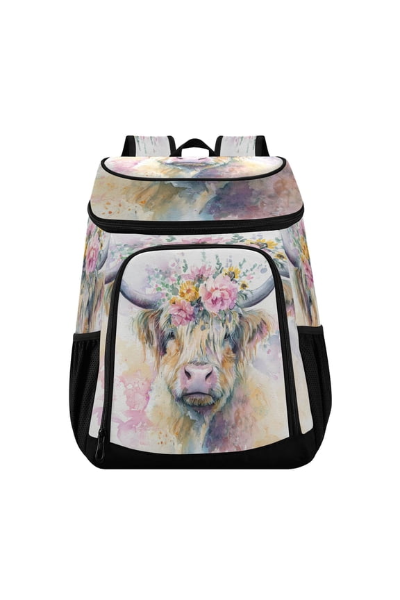 Backpack Cooler lunch bag 36 Can Capacity Insulated Bag for Camping, Beach, Hiking & Travel Watercolor Highland Cow
