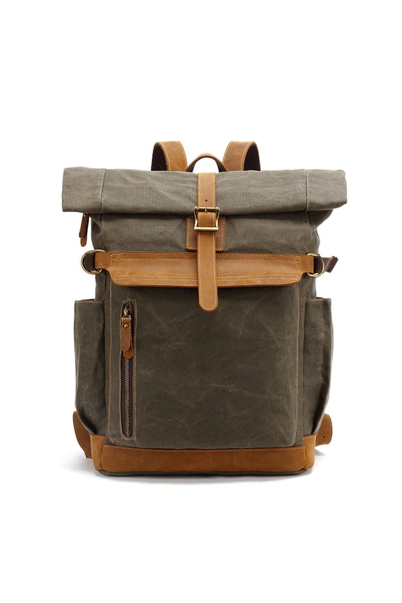 Backpack Crazy Horse Leather Leisure Travel Bag Men's Backpack Oil Wax Handheld Canvas Computer,Gray