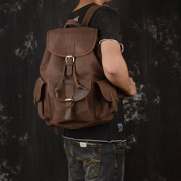 Backpack Crazy Horse Leather Outdoor Travel Men's Backpack,Dark brown