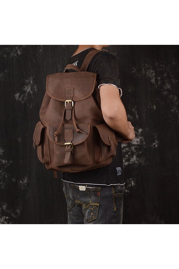 Backpack Crazy Horse Leather Outdoor Travel Men's Backpack,Dark brown