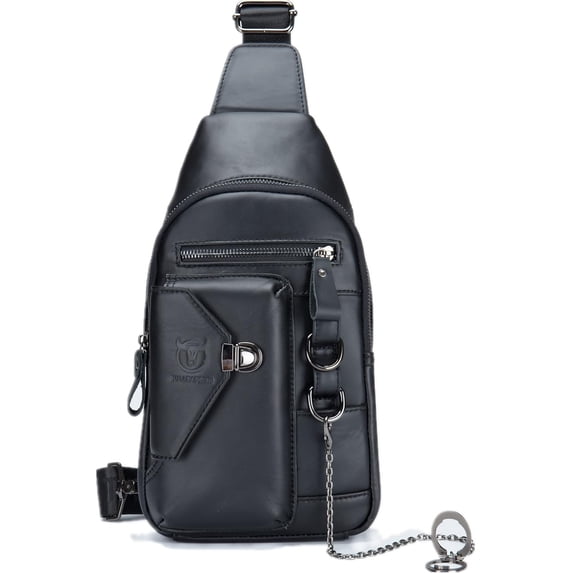Backpack Daypack XBBULLCAPTAIN Genuine Leather Sling Bag for Men - Stylish Crossbody Chest Backpack with Cellphone Stand & Chain