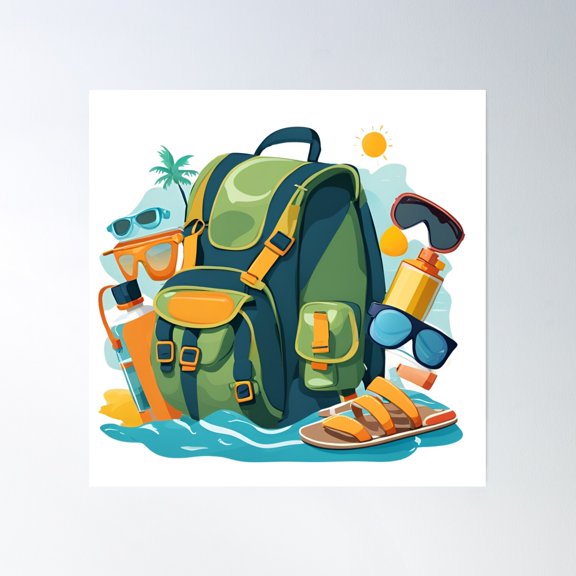 Backpack Filled With Vacation Items Poster Wall Art, Modern Wall Decor, 30x30 UNFRAMED