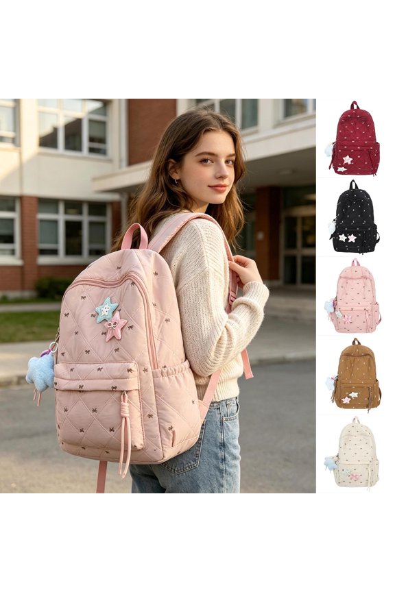 Backpack For School Diamond Pattern Campus Backpack Lightweight Bow Decor Casual Daypack For Back To School Students