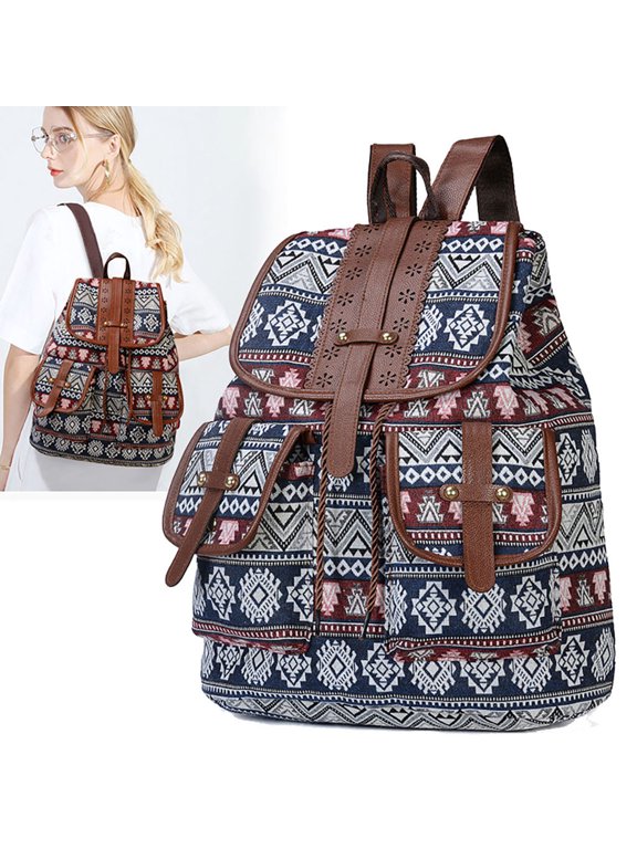 Backpack For Women Bohemian Geometric Print Bookbag With Faux Leather Trim Drawstring Closure Multi‑Pockets Bag