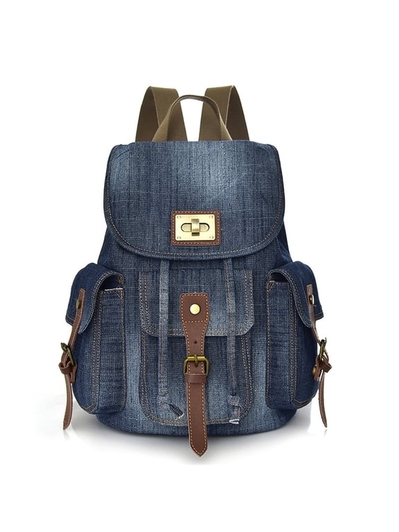 Backpack For Women Vintage Denim Backpacks Flip Cover Drawstring Closure Casual Travel Pack Dark Blue