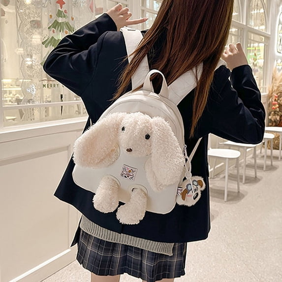 Backpack Girls Detachable Bunny Plush Backpack Casual Everyday Stylish Daypack with Toy White One Size