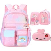 ODYSITE Backpack for Girls, Kawaii Cute Starry Rainbow School Bookbag with Compartments Elementary School Bag for Girls, Cute Student School Bag with Bunny Pencil Bag (Pink-16.5in)