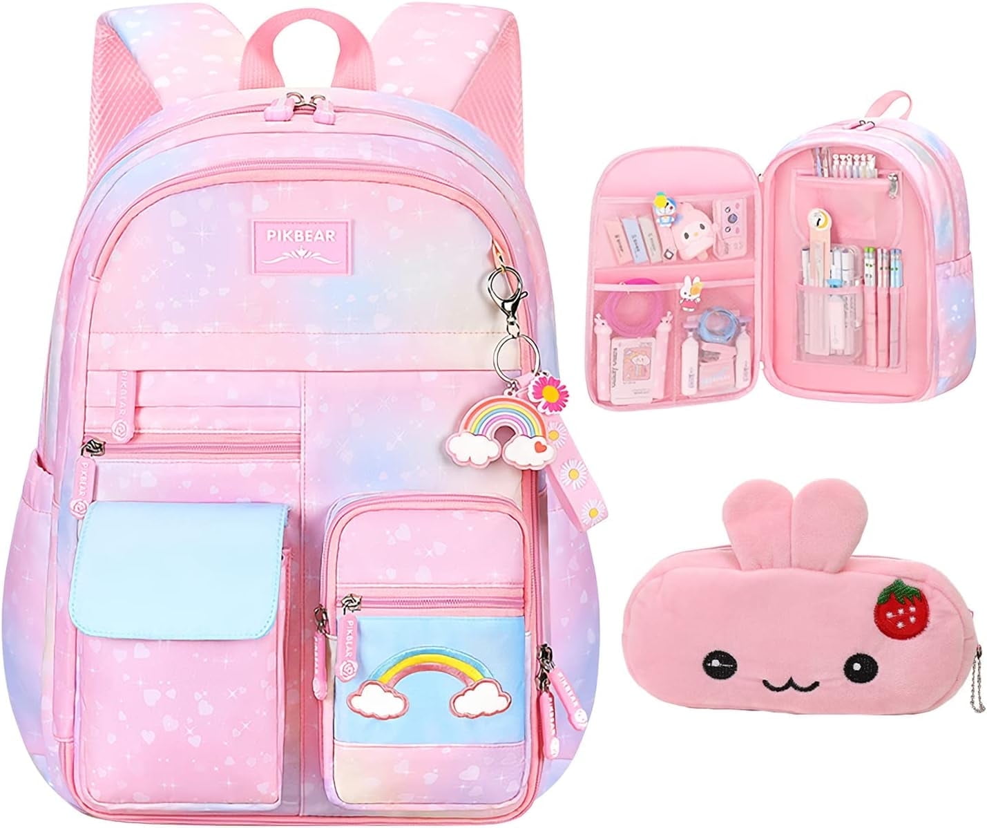 Kawaii Girls Backpack with Bunny Pencil Bag Starry Rainbow Purple 16.5in Walmart