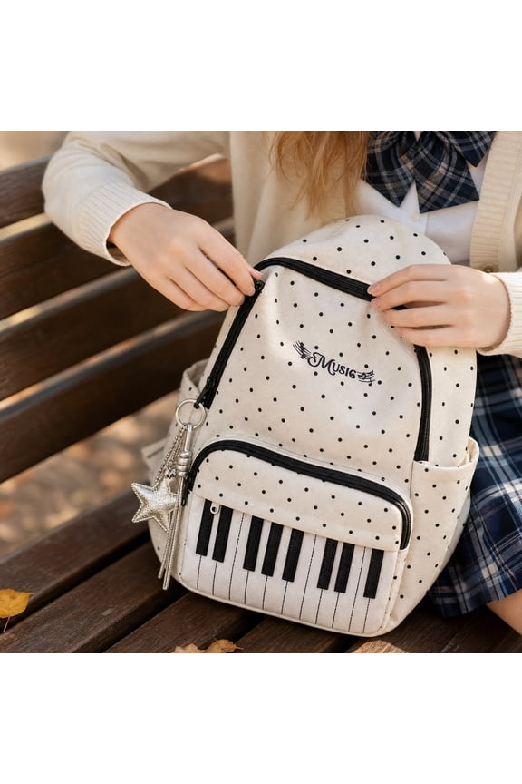 Backpack for Kids Polka Dot Piano Pattern Backpack,Y2K Cute Novelty Bookbag with Star Charm,Lightweight Daypack Backpacks for Girls School Daily Commute