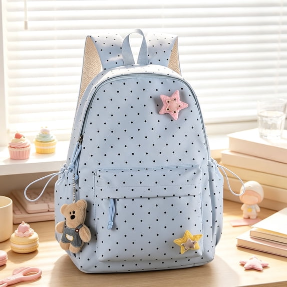 Backpack Kids Polka Dot Star Backpack Large Capacity Student School Daypack with Charm Blue One Size