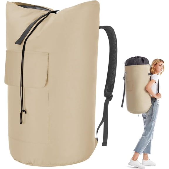 Backpack Laundry Bag, 115L Heavy Duty Extra Large College Laundry Backpack, Dirty Clothes Bag with Shoulder Straps, Laundry Hamper Bag with Drawstring Closure for College Dorm, Apartment Khaki