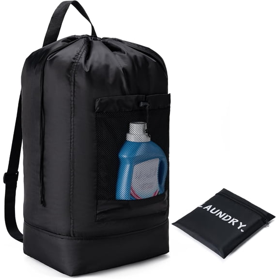 Backpack Laundry Bag,Large Travel Laundry Bags with Shoulder Straps and Mesh Pockets,Laundry Backpack with Drawstring Closure for College,Trave,Dorm, Apartment,Laundromat (Black)