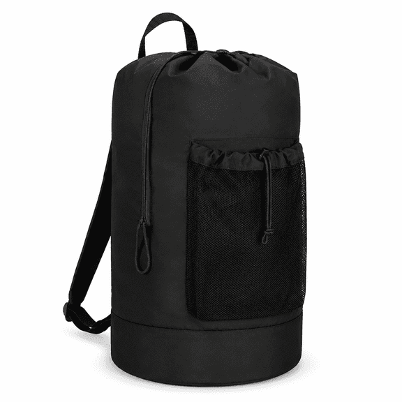 PLERISE Backpack Laundry Bag with Shoulder Straps – Durable Nylon Hamper, Drawstring Closure, Mesh Pocket, Black