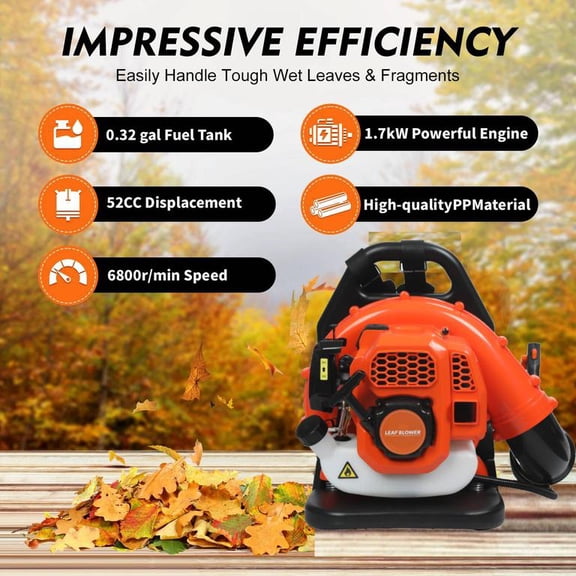 Backpack Leaf Blower Gas Powered – 52cc 2-Stroke Engine, 550 CFM High Airflow for Lawn Care, Low-Noise Performance, Priming Pump for Easy Start, 1.2L Fuel Tank