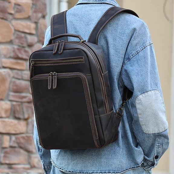Backpack Men's Crazy Horse Leather Large Capacity,6641 Brown
